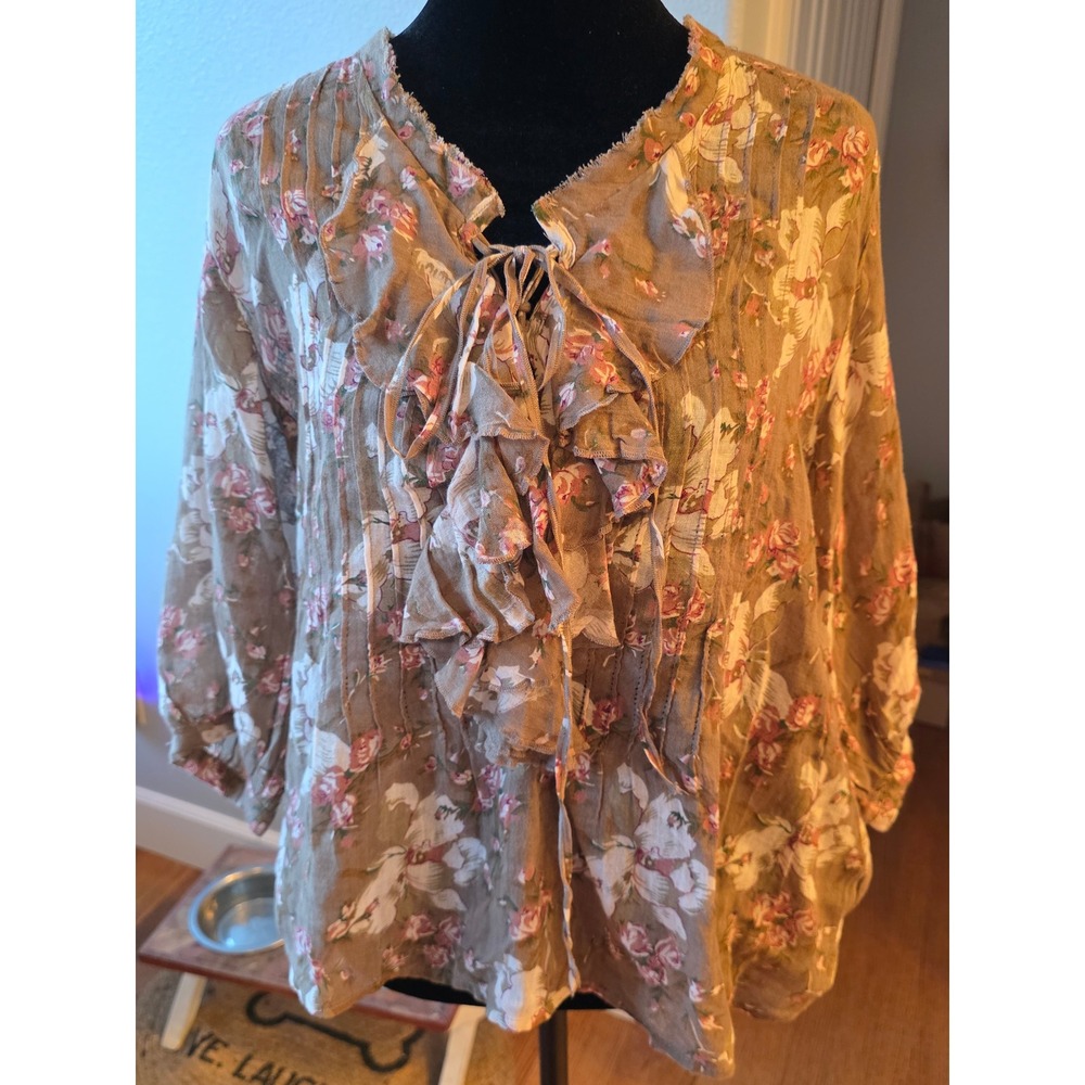Denim & Supply Ralph Lauren Floral Gauze Ruffle Lace Up Blouse Brown Pink Medium